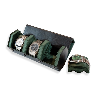 Hex Leather Watch Roll 3 Slots in Black/Green