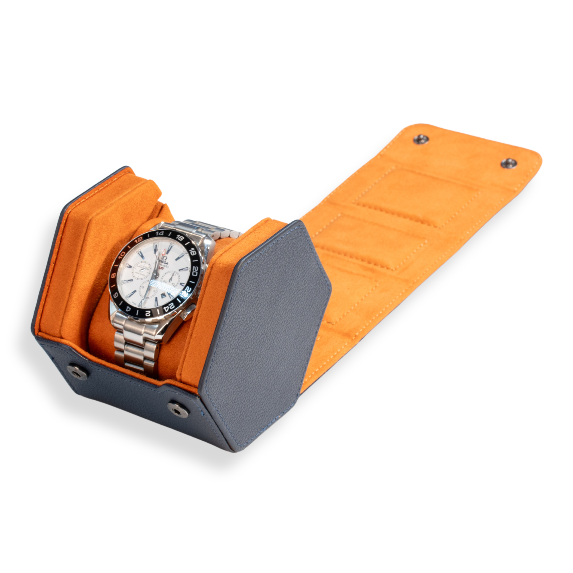 Hex Leather Watch Roll 1 Slot in Navy/Orange