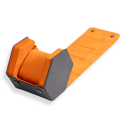 Hex Leather Watch Roll 1 Slot in Navy/Orange