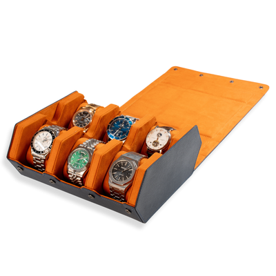 Hex Leather Watch Roll 6 Slots in Navy/Orange