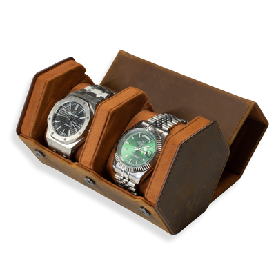 Hex Leather Watch Roll 2 Slots in Saddle Leather/Brown