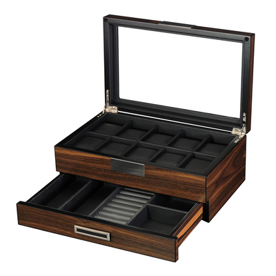 10 Slots Ebony Wooden Watch Box with Drawer