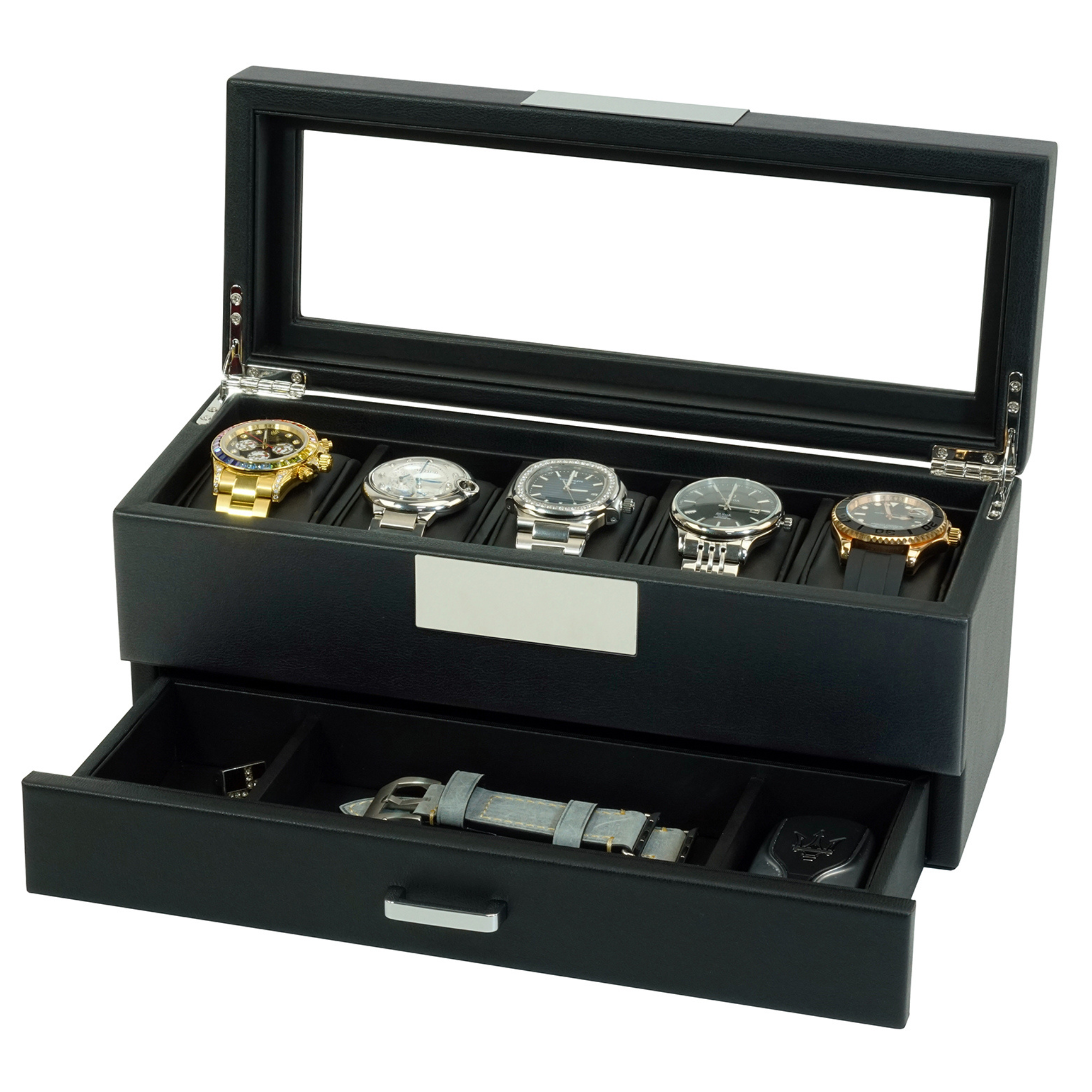 5 Slot Leather Watch Box in Black with Drawers