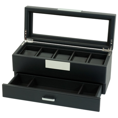 5 Slot Leather Watch Box in Black with Drawers