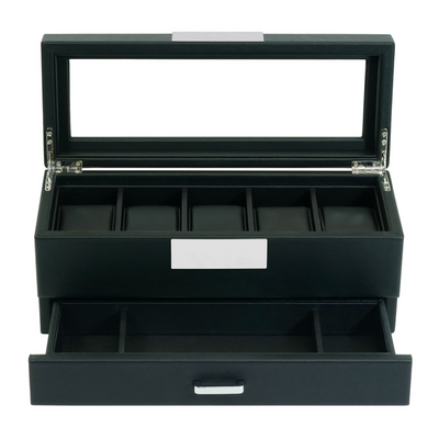 5 Slot Leather Watch Box in Black with Drawers