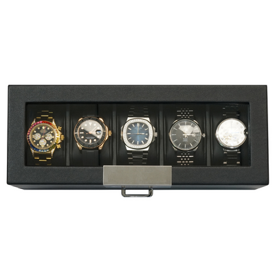 5 Slot Leather Watch Box in Black with Drawers