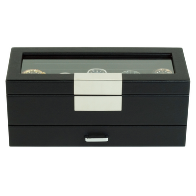 5 Slot Leather Watch Box in Black with Drawers