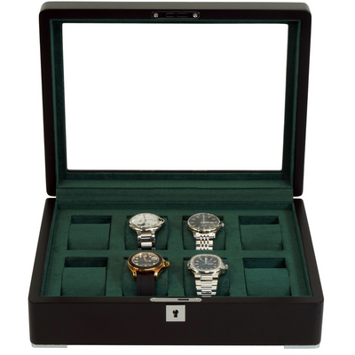 8 Slot Black Wooden Watch Box with Green Interior