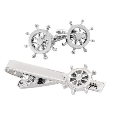 Silver Helm Ships Wheel Cufflinks & Tie Clip Set