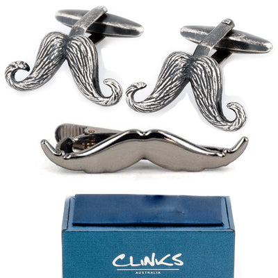 Vintage Moustache Cufflinks & Gunmetal Tie Clip Set