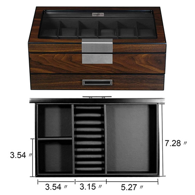 12 Slots Watch Box with Drawer in Ebony Wood